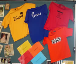 the house T-shirts in their bright colours hang on the wall.